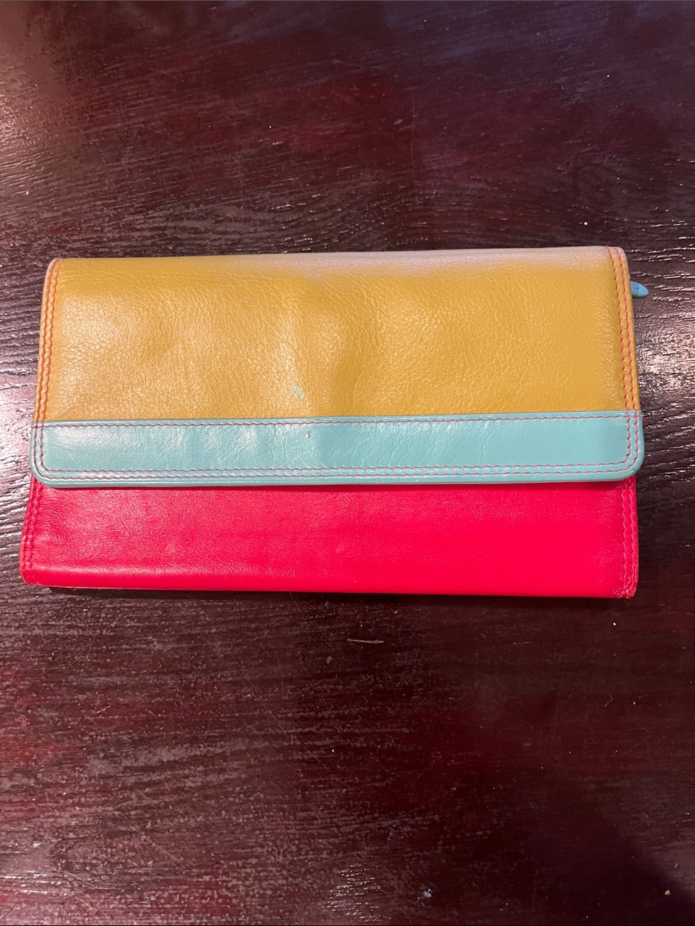RFID Colorblock Leather Continental Wallet - Yellow, Aqua & Red